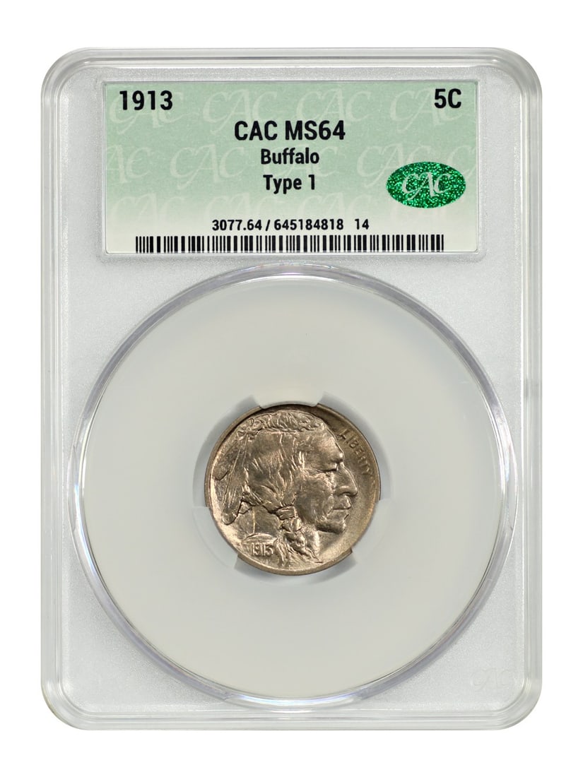1913 Buffalo Nickel 5C CACG MS64 Popular Type Coin: 1913 Buffalo Nickel 5C CACG MS64 Popular Type Coin This 1913 Buffalo Nickel is a highly sought-after example of a one-year type coin. Certified by CACG with the grade of MS64, it showcases uncirculate