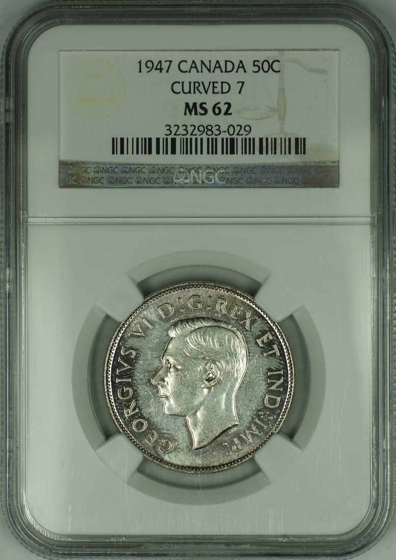 Canada 1947 Curved 7 50 Cent Silver Coin NGC MS-62 Prooflike: Canada 1947 Curved 7 50 Cent Silver Coin NGC MS-62 Prooflike This 1947 Canada 50-cent half dollar features the distinctive Curved 7 variety. Certified by NGC with a grade of MS-62, this prooflike silv