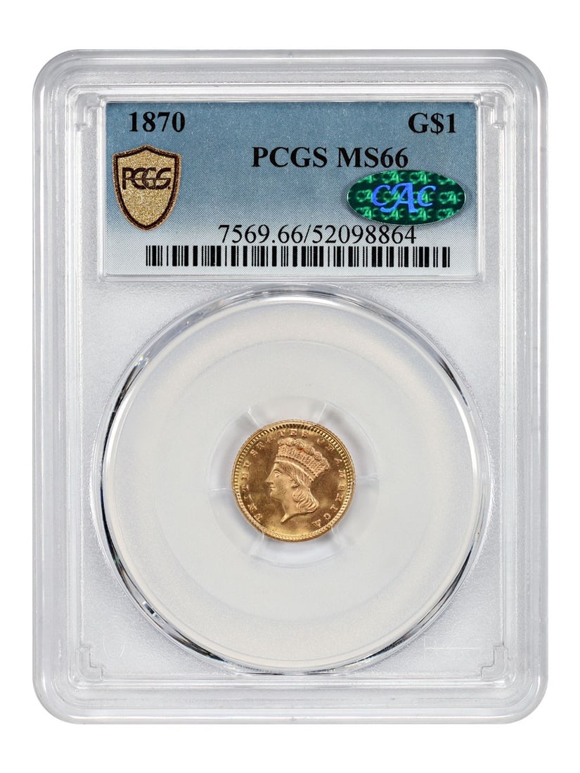 1870 Gold Dollar G$1 PCGS MS66 CAC Low Mintage 6300: 1870 Gold Dollar G$1 PCGS MS66 CAC Low Mintage 6300 This 1870 Gold Dollar is a remarkable piece, certified by PCGS with a grade of MS66, indicating its uncirculated condition. With a very low mintage