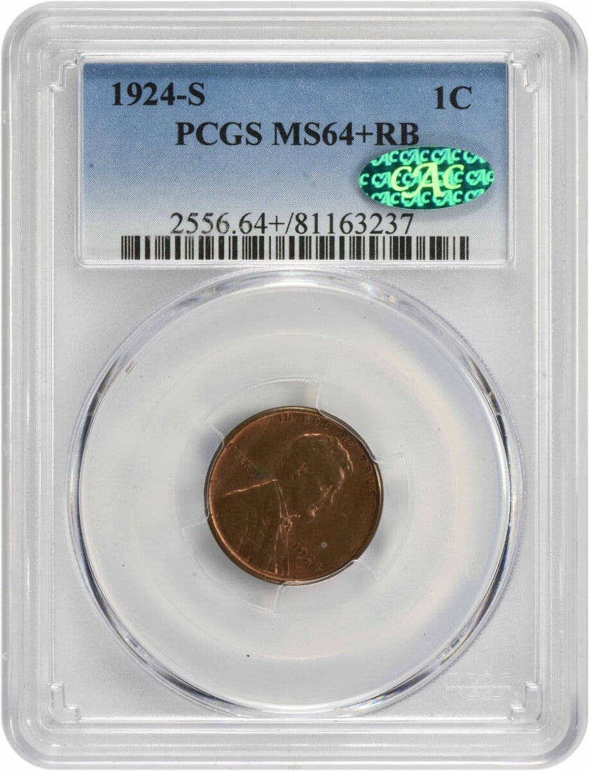 1924-S Lincoln Cent MS64+RB PCGS CAC Certified Copper Coin (1 of 4)