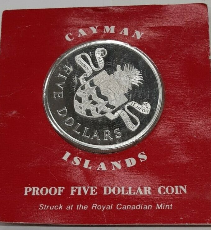 1974 Five Dollar Sterling Silver Coin from Cayman Islands Featuring Queen Elizabeth II: 1974 Five Dollar Sterling Silver Coin from Cayman Islands Featuring Queen Elizabeth II This is a 1974 Cayman Islands 5 dollar sterling silver proof coin featuring Queen Elizabeth II. The coin is uncir
