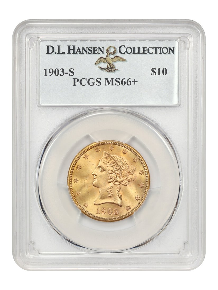 1903-S $10 Liberty Head Gold Coin PCGS MS66+ D.L. Hansen: 1903-S $10 Liberty Head Gold Coin PCGS MS66+ D.L. Hansen This stunning 1903-S $10 Liberty Head coin is certified by PCGS with a grade of MS66+. It features a striking honey-golden hue complemented by
