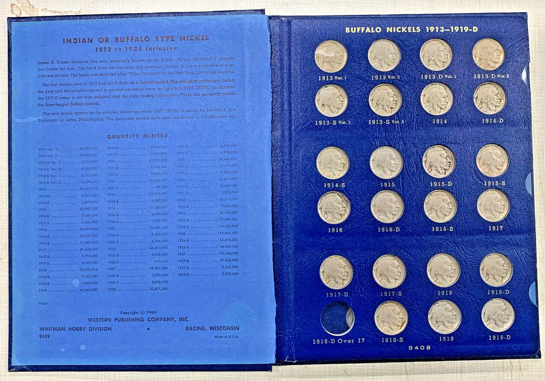 Complete Buffalo Nickel Set 1913-1938 in Whitman Deluxe Album With 3 Leg Variety (1 of 9)