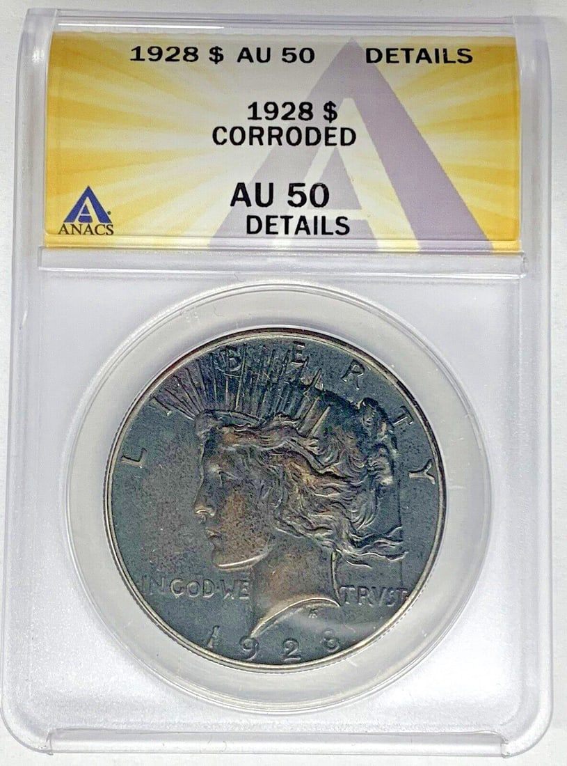 1928 Peace Dollar Silver Coin AU 50 ANACS Certified Corroded: 1928 Peace Dollar Silver Coin AU 50 ANACS Certified Corroded This 1928 Peace Silver Dollar coin has been certified by ANACS with a grade of AU 50 Details and noted as corroded. It was minted in Philad