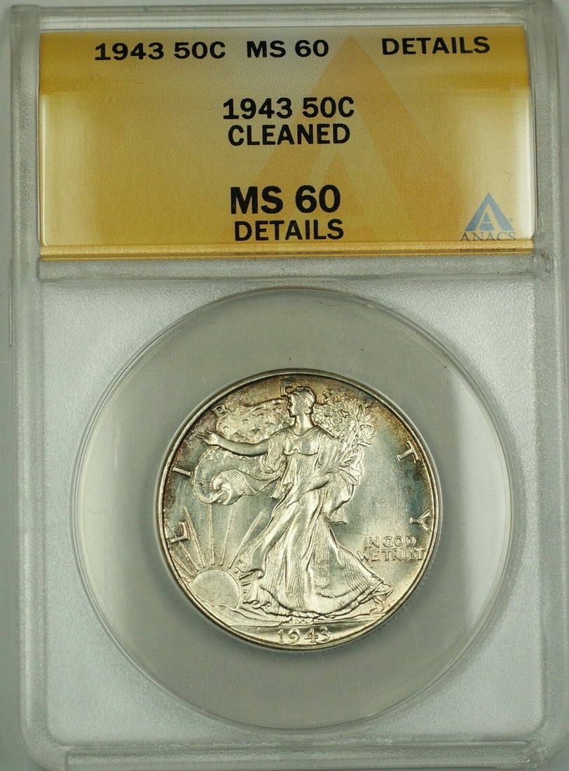 1943 Silver Walking Liberty Half Dollar ANACS MS-60 Details Cleaned: 1943 Silver Walking Liberty Half Dollar ANACS MS-60 Details Cleaned This is a 1943 Walking Liberty Silver Half Dollar, certified by ANACS with a grade of MS-60 Details. The coin is uncirculated and ha
