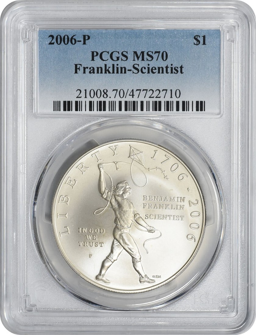2006-P Franklin Scientist Commemorative Silver Dollar MS70 PCGS: 2006-P Franklin Scientist Commemorative Silver Dollar MS70 PCGS This 2006-P Franklin-Scientist Commemorative Silver Dollar is a remarkable piece that celebrates the legacy of Franklin's contributions