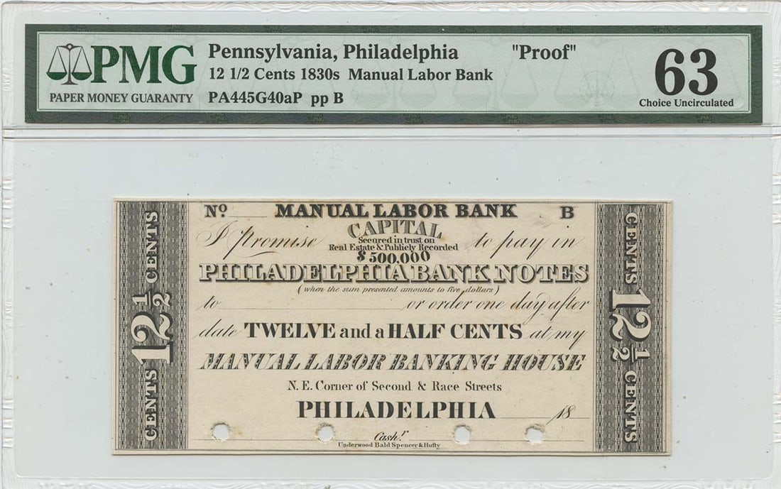 1830s Philadelphia 12.5 Cents Obsolete Note PMG CU63 Proof: 1830s Philadelphia 12.5 Cents Obsolete Note PMG CU63 Proof This 1830s Pennsylvania Philadelphia "Proof" Cent is a remarkable collectible, graded PMG CH Unc 63. The coin is in uncirculated condition, s
