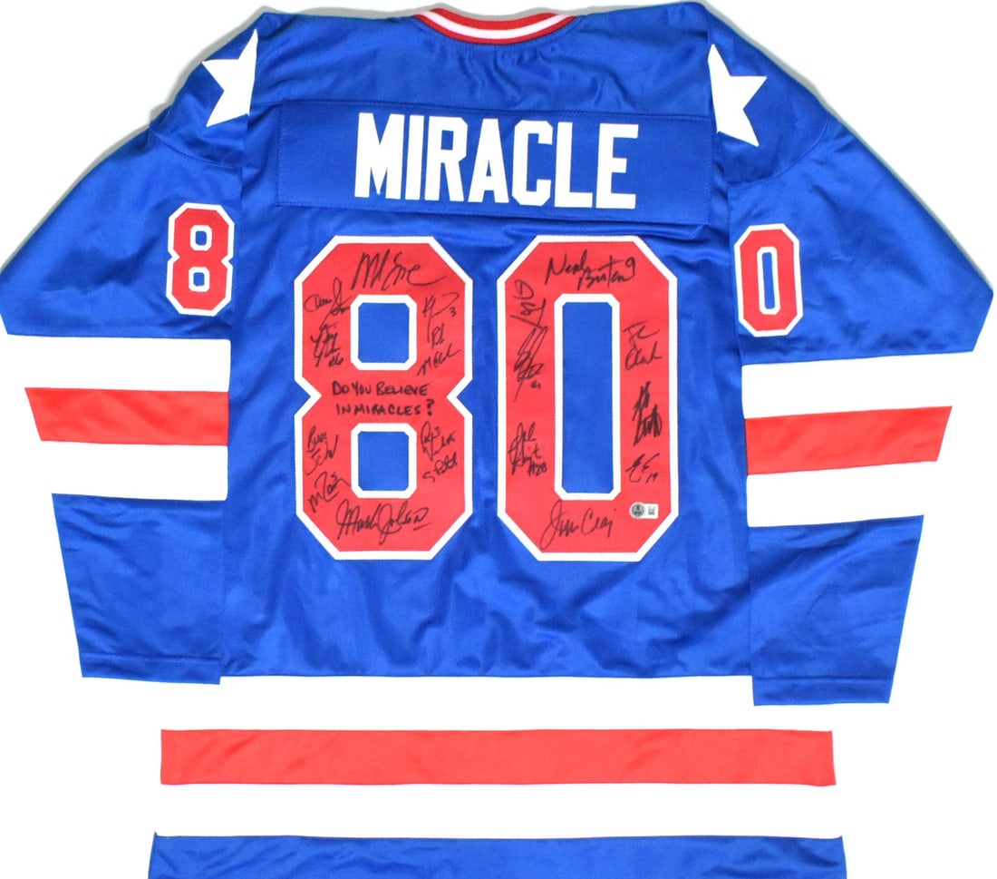1980 Team USA Miracle on Ice Autographed Jersey 18 Signatures Beckett Certified: 1980 Team USA Miracle on Ice Autographed Jersey 18 Signatures Beckett Certified Celebrate the legendary 1980 Miracle on Ice with this original Team USA autographed blue pro style jersey. This high-qua