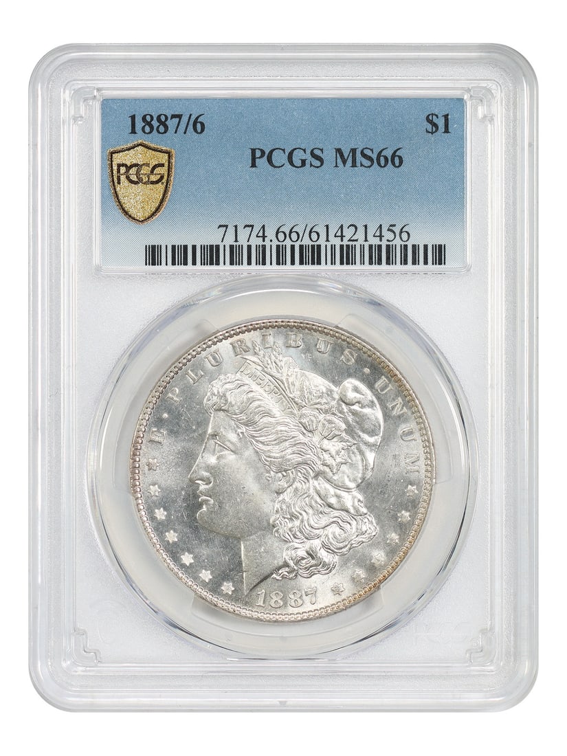 PCGS MS66 1887 Overdate Morgan Silver Dollar Philadelphia Mint: PCGS MS66 1887 Overdate Morgan Silver Dollar Philadelphia Mint This 1887/6 Morgan Dollar is a scarce overdate variety, graded MS66 by PCGS. Struck in Philadelphia, it features crisp details and fully