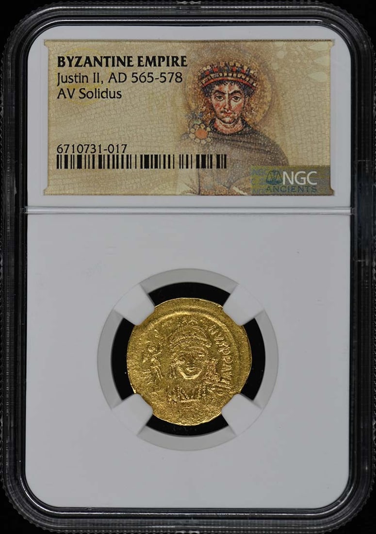 Justin II AV Solidus Coin NGC Certified AD 565-578 Byzantine Empire: Justin II AV Solidus Coin NGC Certified AD 565-578 Byzantine Empire This exquisite AV Solidus from the Byzantine Empire dates back to the reign of Justin II, specifically between AD 565-578. This coin