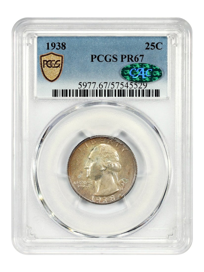 1938 Proof 25C Washington Quarter PCGS PR67 with CAC Approval: 1938 Proof 25C Washington Quarter PCGS PR67 with CAC Approval This 1938 Washington Quarter is a scarce proof issue, graded PR67 by PCGS and CAC-approved. With only 8,045 proof coins struck at the Phil