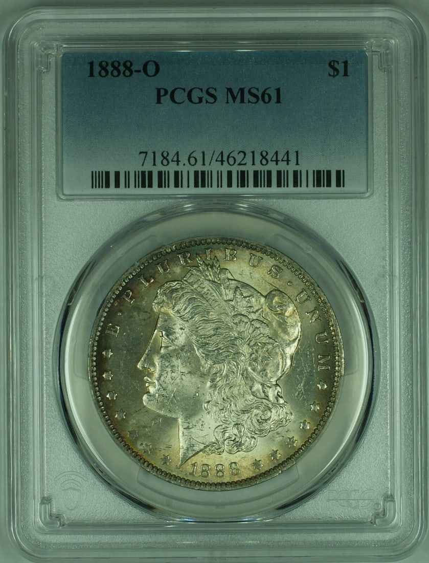 PCGS MS-61 1888-O Morgan Silver Dollar with Toning: PCGS MS-61 1888-O Morgan Silver Dollar with Toning This is an 1888-O Morgan Silver Dollar graded MS-61 by PCGS, featuring natural toning. The coin is uncirculated and was minted in New Orleans. It is