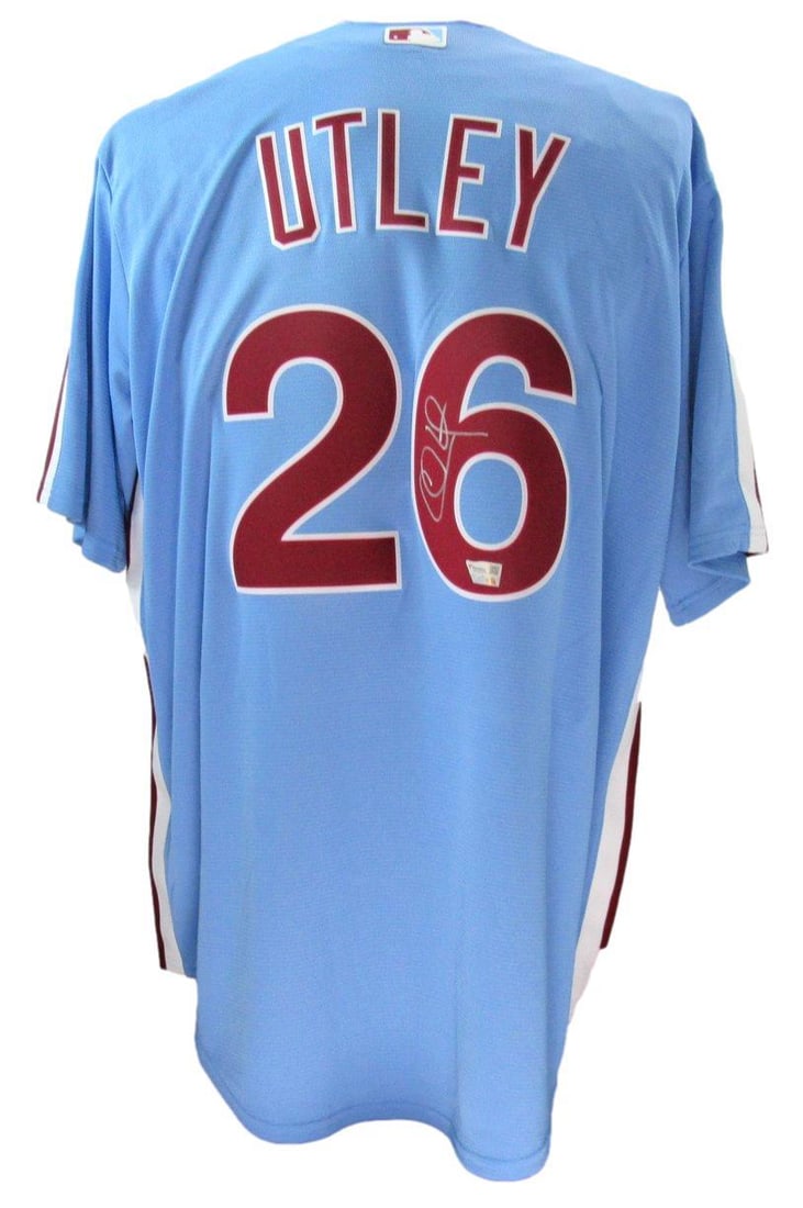 Chase Utley Signed Blue Nike Phillies Jersey XL Authenticated by Fanatics: Chase Utley Signed Blue Nike Phillies Jersey XL Authenticated by Fanatics This is an authentic Chase Utley signed blue Nike baseball jersey from the Philadelphia Phillies, featuring a size XL. The jer