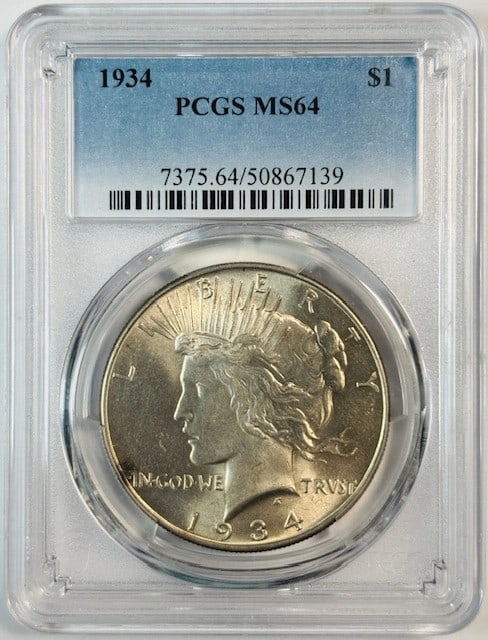 PCGS MS64 1934 Philadelphia Peace Silver Dollar Coin: PCGS MS64 1934 Philadelphia Peace Silver Dollar Coin This 1934 Peace Dollar is certified by PCGS with a grade of MS 64. Struck in silver at the Philadelphia Mint, this uncirculated coin is a pre-owned