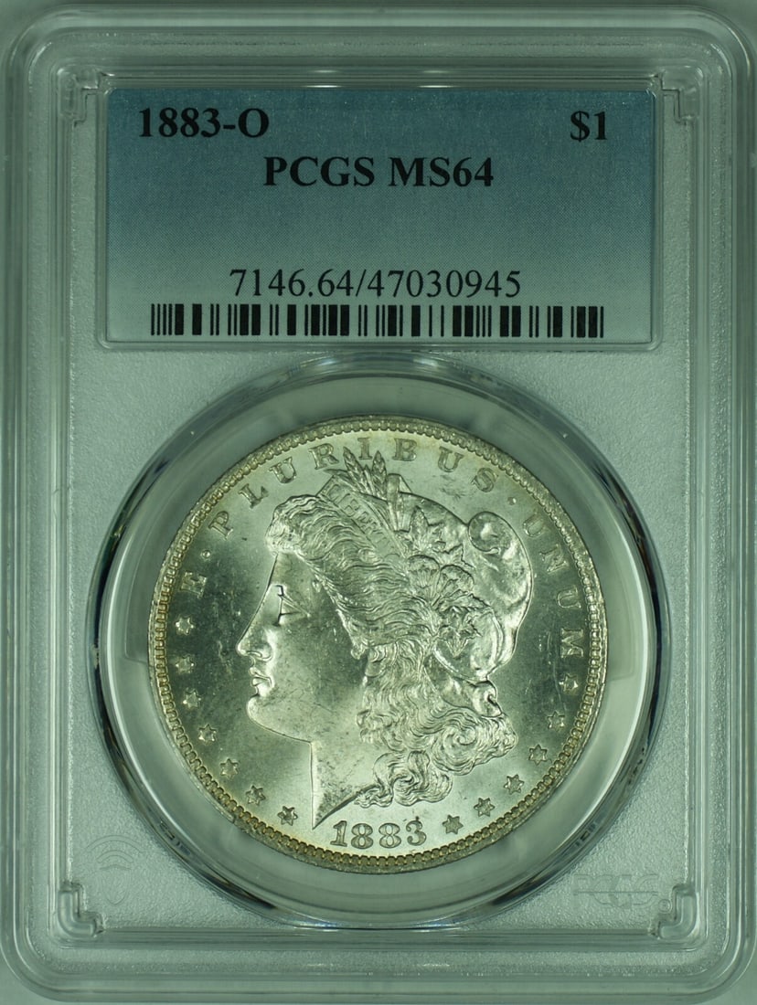 PCGS MS-64 1883-O Morgan Dollar Silver Coin New Orleans Mint: PCGS MS-64 1883-O Morgan Dollar Silver Coin New Orleans Mint This is an 1883-O Morgan Silver Dollar coin graded MS-64 by PCGS. Struck at the New Orleans Mint, this uncirculated coin is composed of 90%