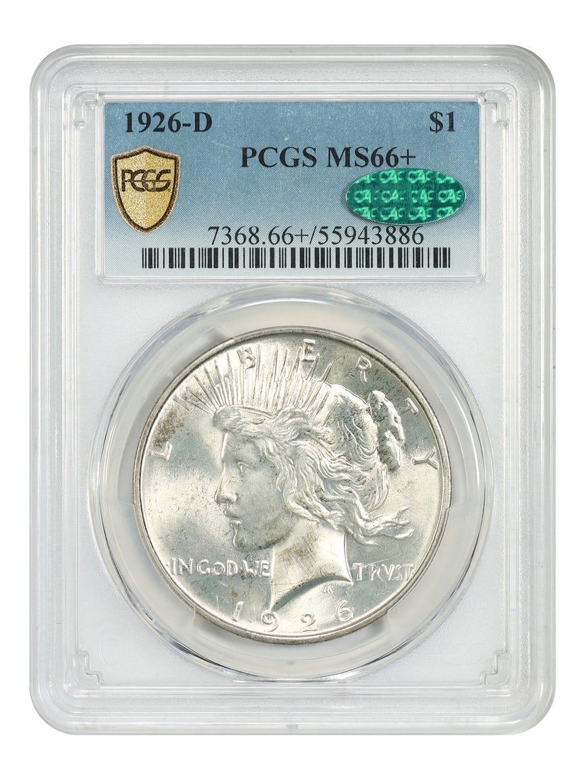 PCGS CAC MS66+ 1926-D Peace Silver Dollar Uncirculated: PCGS CAC MS66+ 1926-D Peace Silver Dollar Uncirculated This 1926-D Peace Dollar is certified by PCGS and CAC with a grade of MS66+, indicating it is uncirculated and in exceptional condition. The coin
