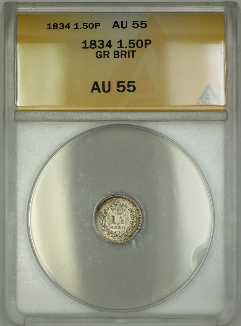 1834 United Kingdom Silver 1.5 Pence ANACS AU-55 Certified Coin (1 of 2)