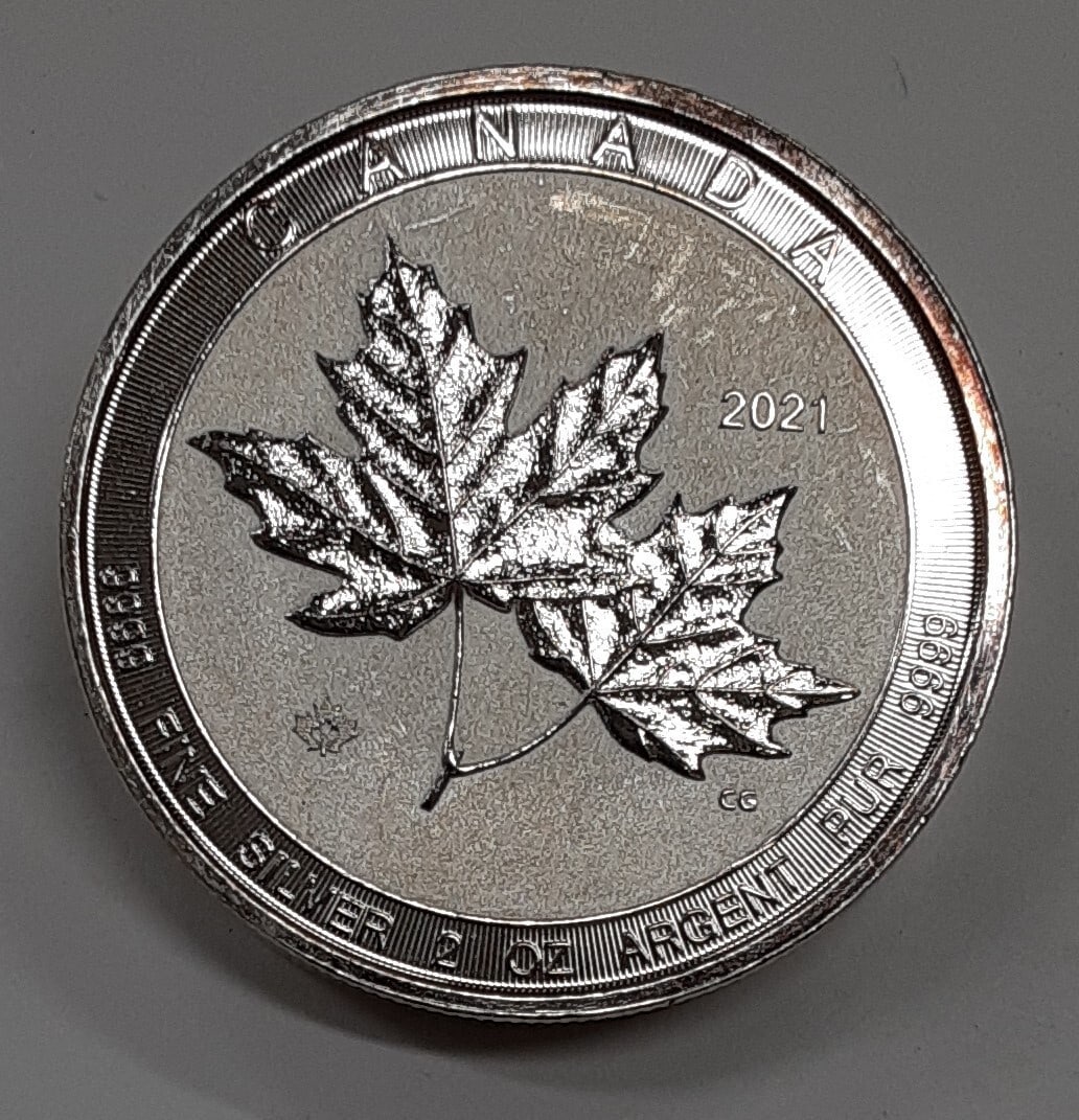 2 oz Silver 2021 Twin Maple Leaf $10 Coin from Canada with Toning (1 of 2)