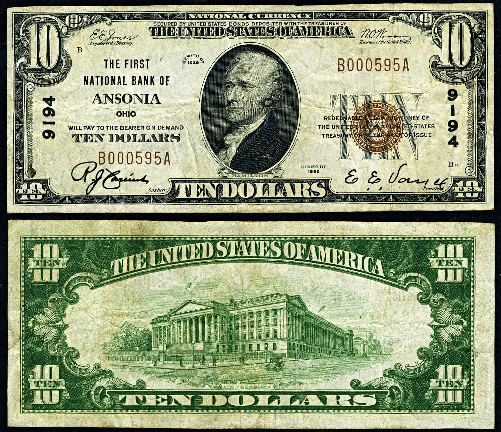1929 T-1 Ansonia Ohio $10 National Bank Note Ch #9194: 1929 T-1 Ansonia Ohio $10 National Bank Note Ch #9194 This is a $10 National Bank Note from Ansonia, Ohio, issued in 1929 (Type T-1). It is graded as Very Fine (VF) and is a nice mid-grade example of