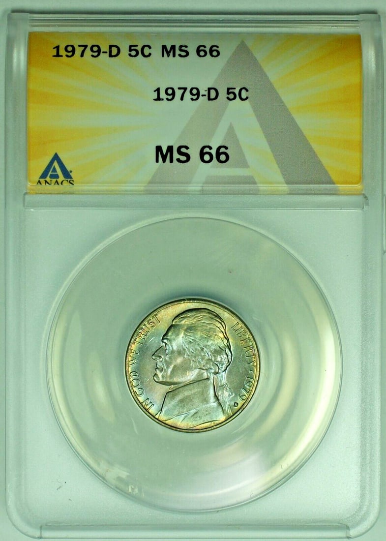 Light Rainbow Toned 1979-D 5C Jefferson Nickel ANACS MS 66: Light Rainbow Toned 1979-D 5C Jefferson Nickel ANACS MS 66 This 1979-D Jefferson Nickel from the United States features a light rainbow tone and is certified by ANACS with a grade of MS 66. The nickel