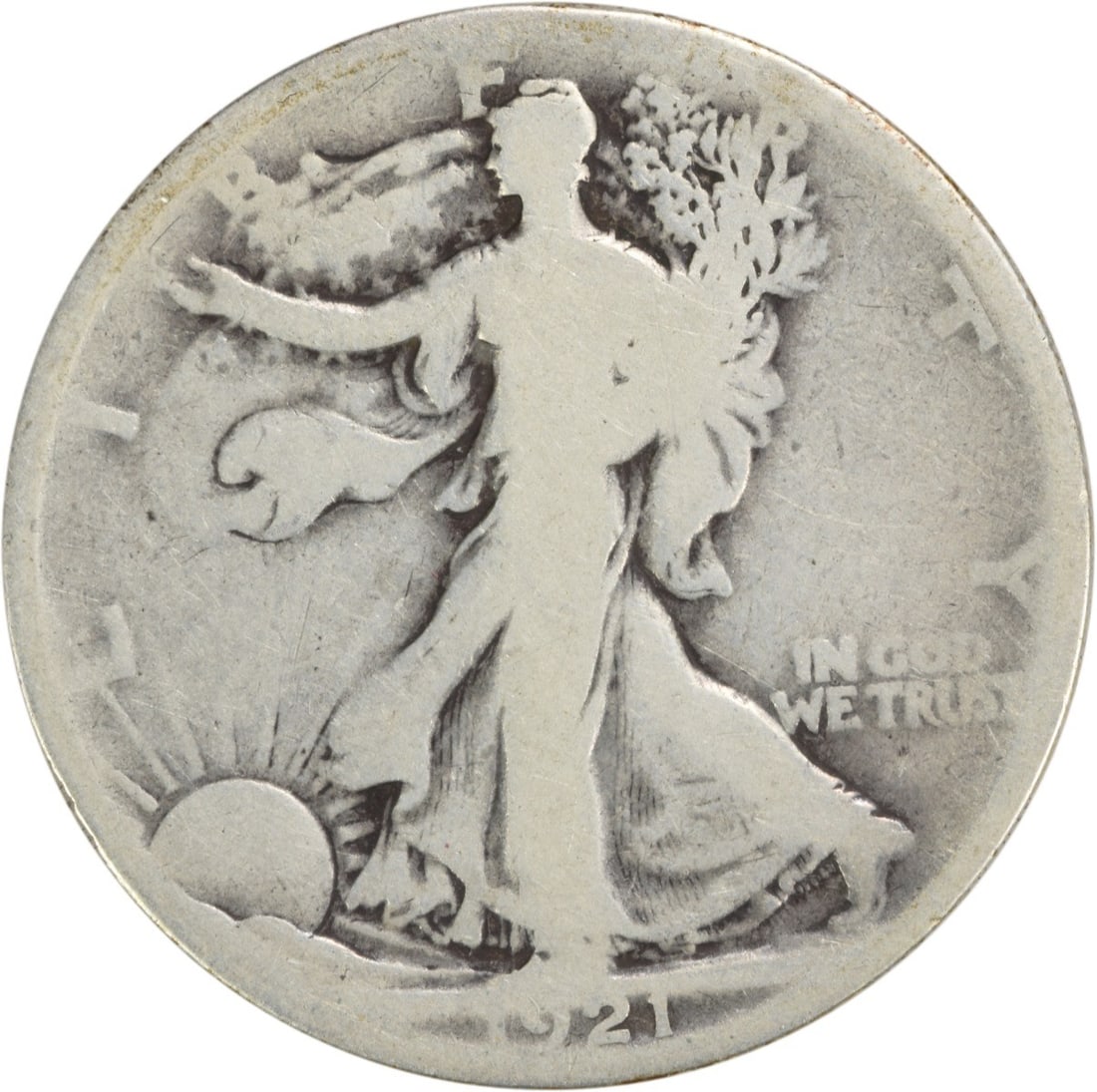 1921 Walking Liberty Silver Half Dollar 50C Uncertified: 1921 Walking Liberty Silver Half Dollar 50C Uncertified This 1921 Walking Liberty Silver Half Dollar is a remarkable piece of American numismatic history. Minted in Philadelphia, this coin features th