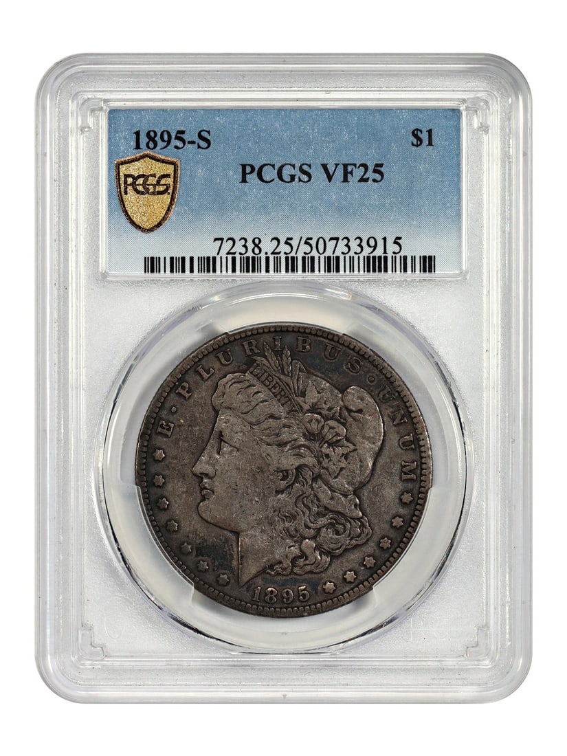 1895-S Morgan Dollar $1 PCGS VF25 Key Date Coin: 1895-S Morgan Dollar $1 PCGS VF25 Key Date Coin This 1895-S $1 Morgan Dollar is a highly sought-after key date in the series, certified by PCGS with a grade of VF25. The coin has circulated but retain