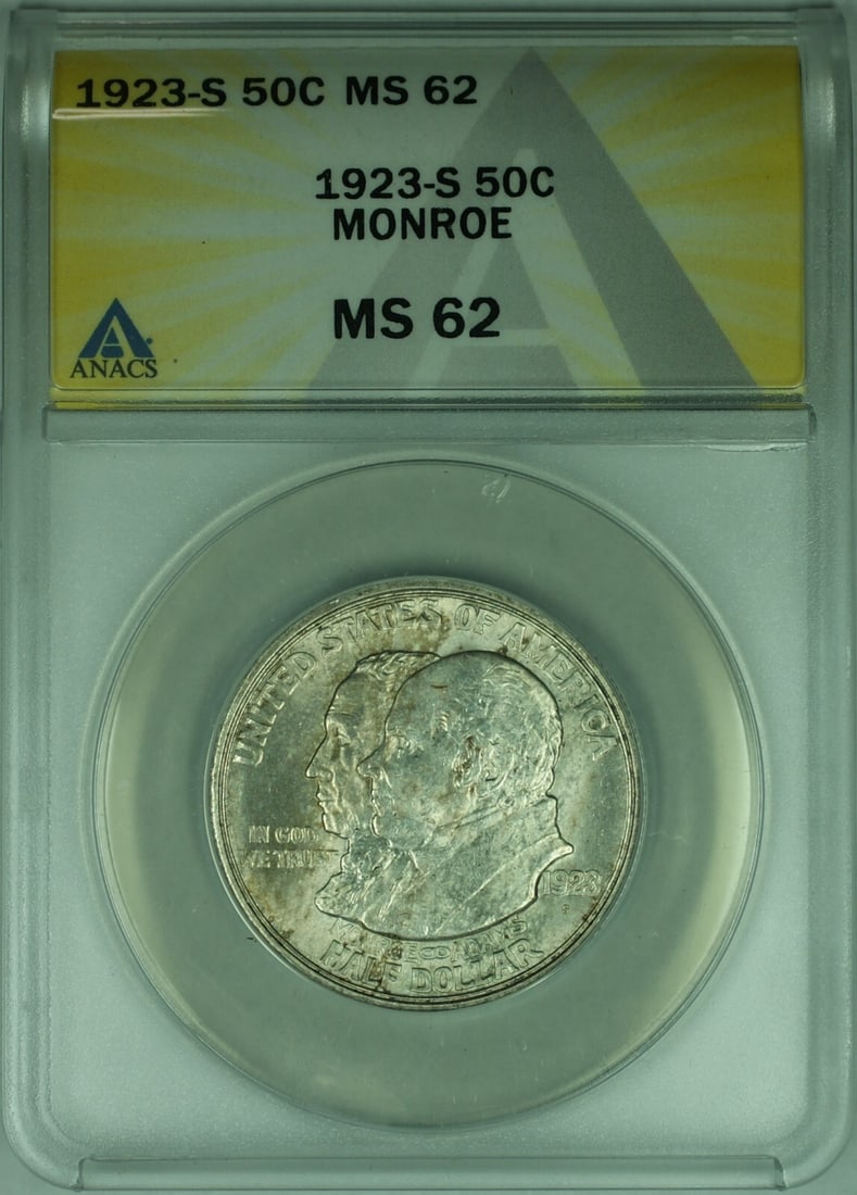 Monroe Doctrine 1923-S Silver Half Dollar ANACS MS-62 San Francisco Mint: Monroe Doctrine 1923-S Silver Half Dollar ANACS MS-62 San Francisco Mint This 1923-S Monroe Doctrine Centennial Commemorative Half Dollar is an un-used silver coin graded MS-62 by ANACS. Minted in San