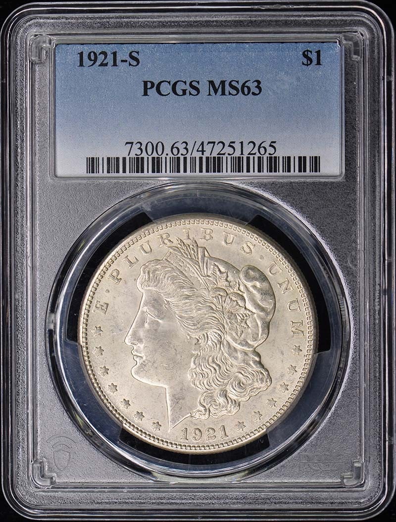 1921-S Morgan Dollar PCGS MS63 Certified Uncirculated San Francisco: 1921-S Morgan Dollar PCGS MS63 Certified Uncirculated San Francisco This 1921-S Morgan Dollar is certified by PCGS with a grade of MS63, ensuring its quality and authenticity. Struck in San Francisco,