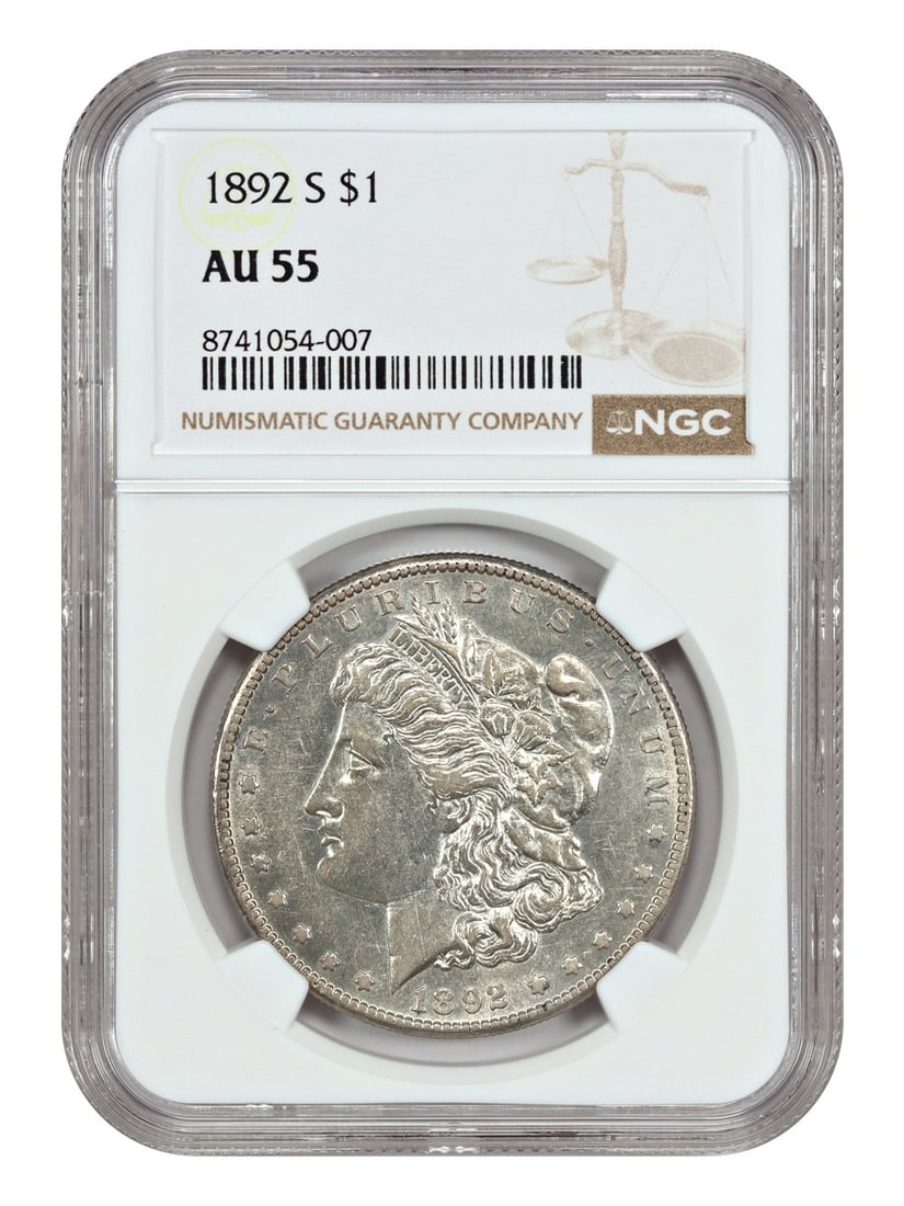 NGC AU55 Graded 1892-S Morgan Silver Dollar Key Date Coin: NGC AU55 Graded 1892-S Morgan Silver Dollar Key Date Coin This 1892-S Morgan Dollar is certified by NGC with an AU55 grade. Struck at the San Francisco Mint, it is considered a key date for collectors