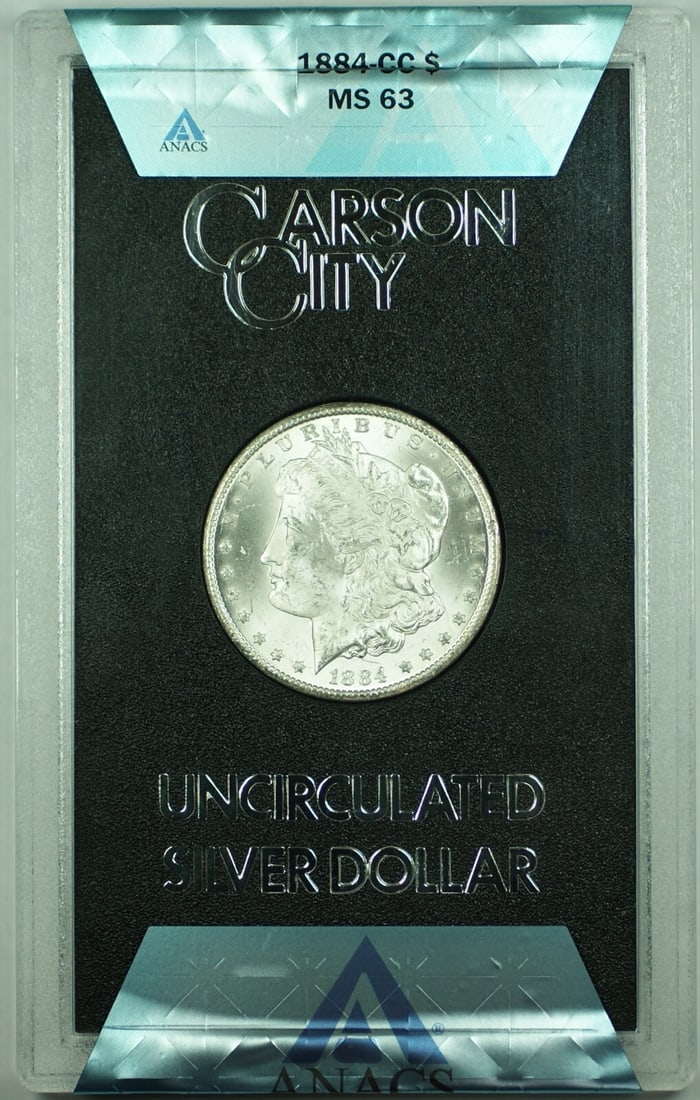 ANACS MS 63 1884-CC Carson City GSA Morgan Silver Dollar: ANACS MS 63 1884-CC Carson City GSA Morgan Silver Dollar This 1884-CC Morgan Silver Dollar is an uncirculated coin graded MS 63 by ANACS. Minted in Carson City, it features the classic Morgan design a