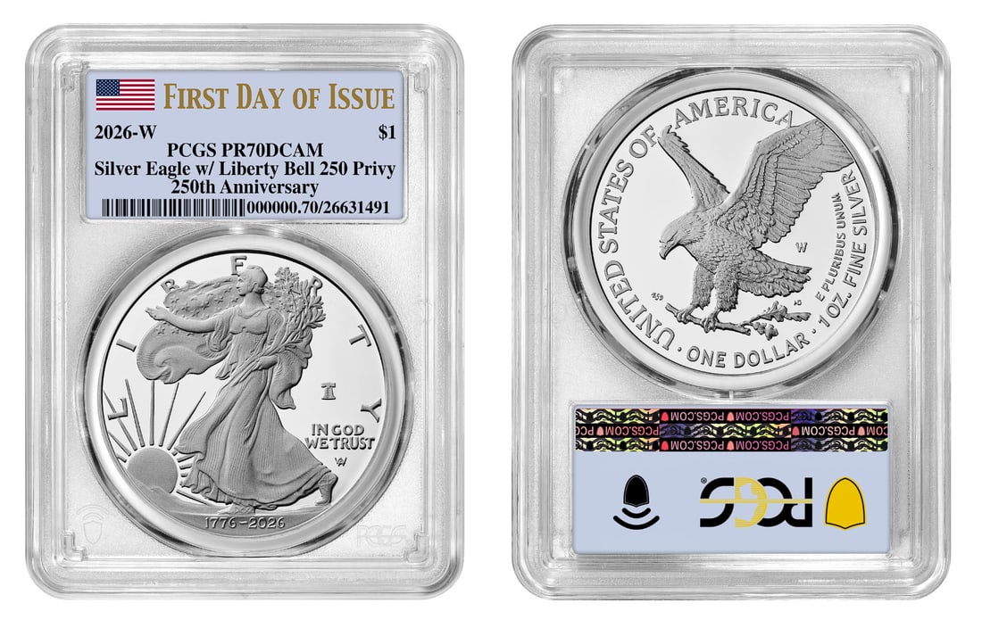 2026 PCGS PR70 Proof Silver American Eagle Bell Privy FDOI $1 Coin: 2026 PCGS PR70 Proof Silver American Eagle Bell Privy FDOI $1 Coin This 2026 Proof American Silver Eagle features a Bell Privy mark and is certified by PCGS as PR70 First Day of Issue. Struck in .999