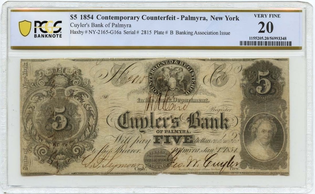 1854 $5 Cuylers Bank Palmyra NY Counterfeit Note PCGS VF20 (1 of 2)