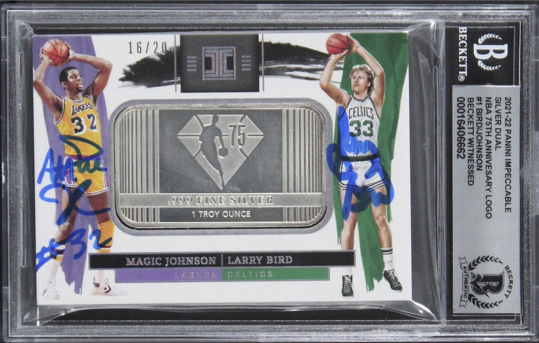 Magic Johnson Larry Bird Signed 2021 Panini Impeccable Silver Card 16/20 Gem Mint 10: Magic Johnson Larry Bird Signed 2021 Panini Impeccable Silver Card 16/20 Gem Mint 10 This 2021 Panini Impeccable Silver Dual NBA 75th Anniversary Logo #1 card, numbered 16/20, features the iconic auto