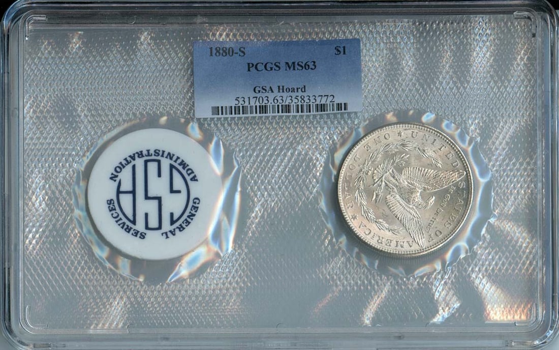 1880-S Morgan Dollar GSA Hoard PCGS MS63 Uncirculated: 1880-S Morgan Dollar GSA Hoard PCGS MS63 Uncirculated This 1880-S Morgan Dollar is a stunning example from the GSA Hoard, certified by PCGS with a grade of MS63. Struck in San Francisco, this uncircul