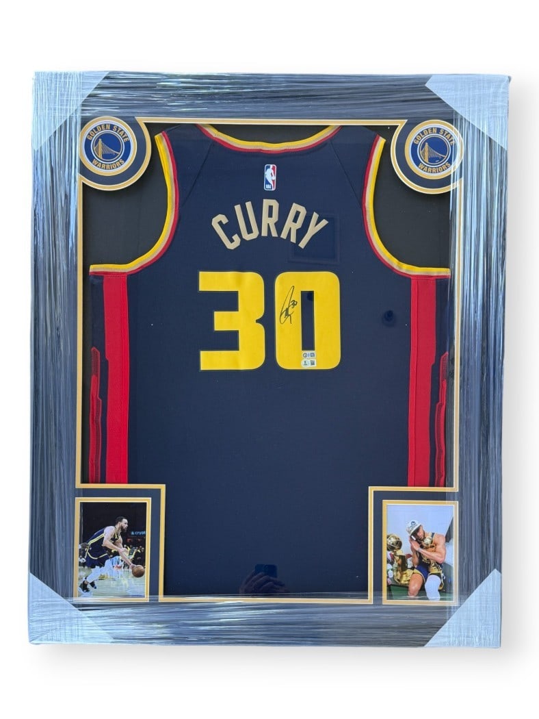 Stephen Curry Autographed Blue Jersey Custom Framed Beckett Certified (1 of 2)