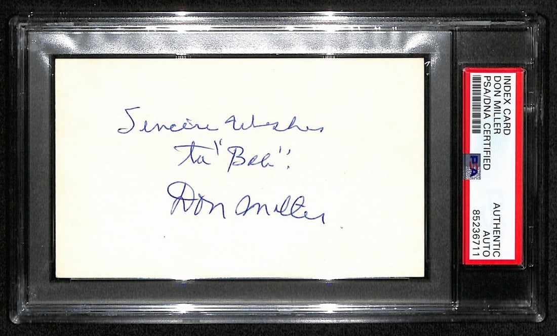 Don C. Miller Signed 3x5 Index Card Notre Dame Four Horsemen PSA/DNA: Don C. Miller Signed 3x5 Index Card Notre Dame Four Horsemen PSA/DNA This offering features an original 3x5 index card signed by Don C. Miller, a member of the legendary Notre Dame Four Horsemen footb
