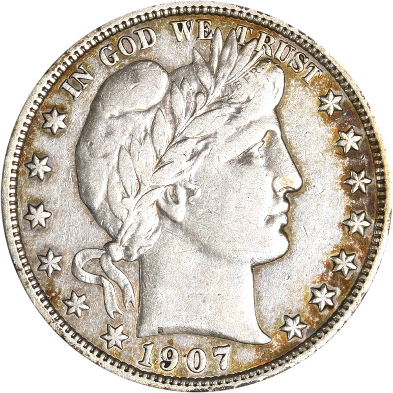 1907-P Barber Half Dollar Silver Coin Circulated Philadelphia: 1907-P Barber Half Dollar Silver Coin Circulated Philadelphia This 1907-P Barber Half Dollar is a classic piece of American numismatics, showcasing the iconic design that has captured the hearts of co