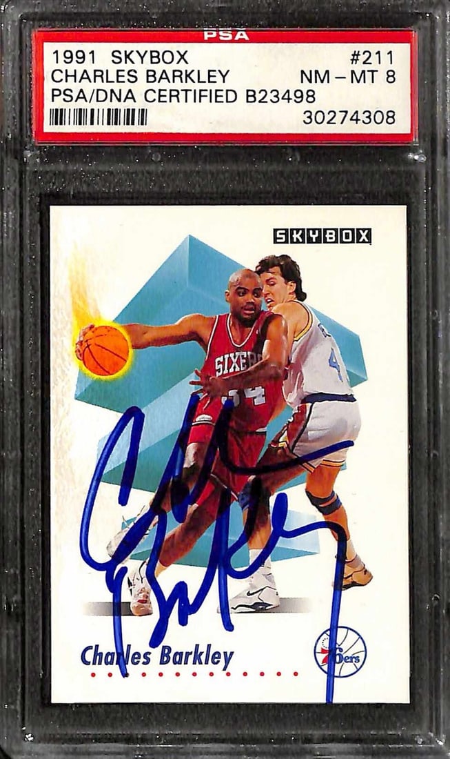 1991 Skybox #211 Charles Barkley Signed Basketball Card PSA NM-MT 8 PSA/DNA: 1991 Skybox #211 Charles Barkley Signed Basketball Card PSA NM-MT 8 PSA/DNA This is an original 1991 Skybox #211 sports trading card featuring Charles Barkley of the Philadelphia 76ers. The card is si