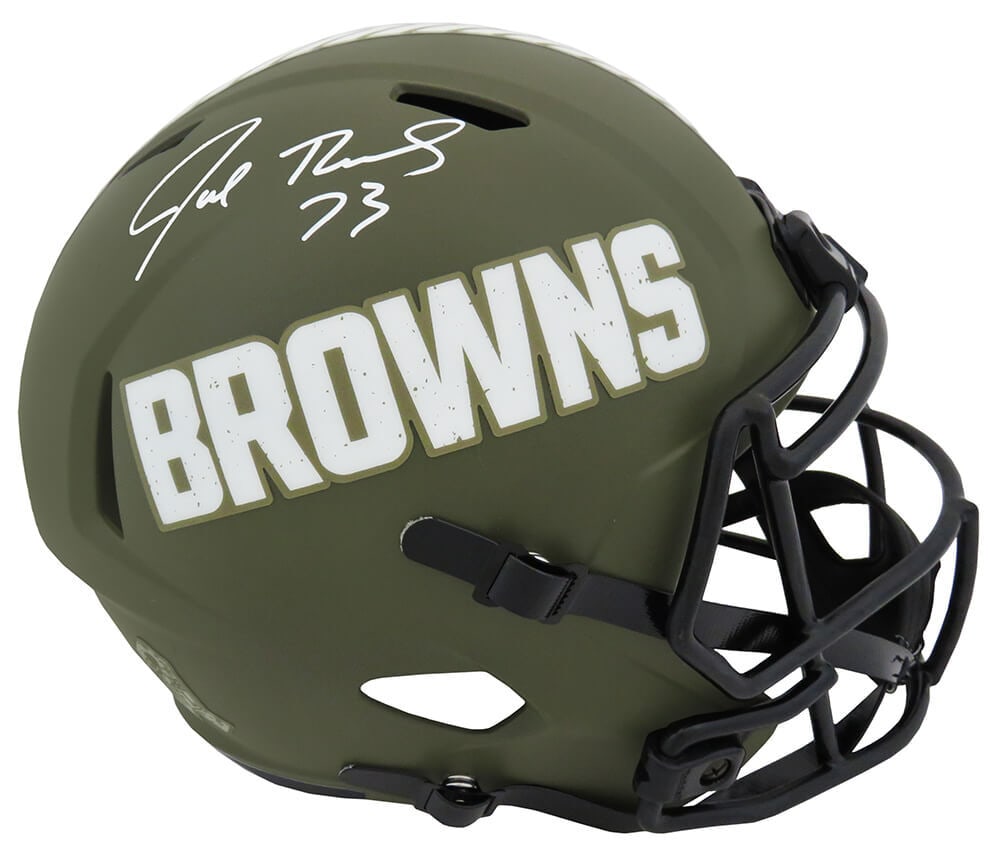 Joe Thomas Autographed Browns Salute to Service Riddell Helmet with COA: Joe Thomas Autographed Browns Salute to Service Riddell Helmet with COA This is a signed Cleveland Browns Salute to Service Riddell full-size speed replica helmet, featuring the autograph of Joe Thoma