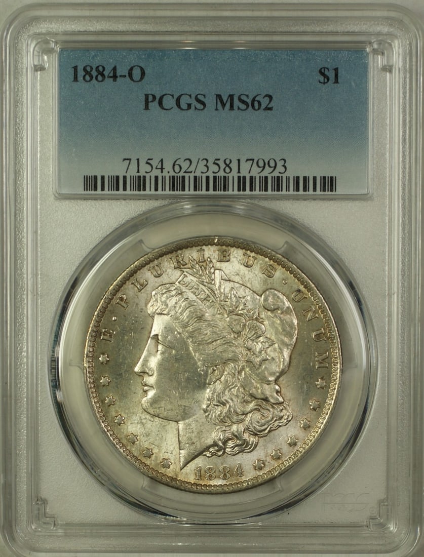 PCGS MS62 1884-O Morgan Dollar Silver Coin from New Orleans Mint: PCGS MS62 1884-O Morgan Dollar Silver Coin from New Orleans Mint This 1884-O Morgan Silver Dollar is certified by PCGS with a grade of MS 62. Struck at the New Orleans Mint, the coin is composed of si