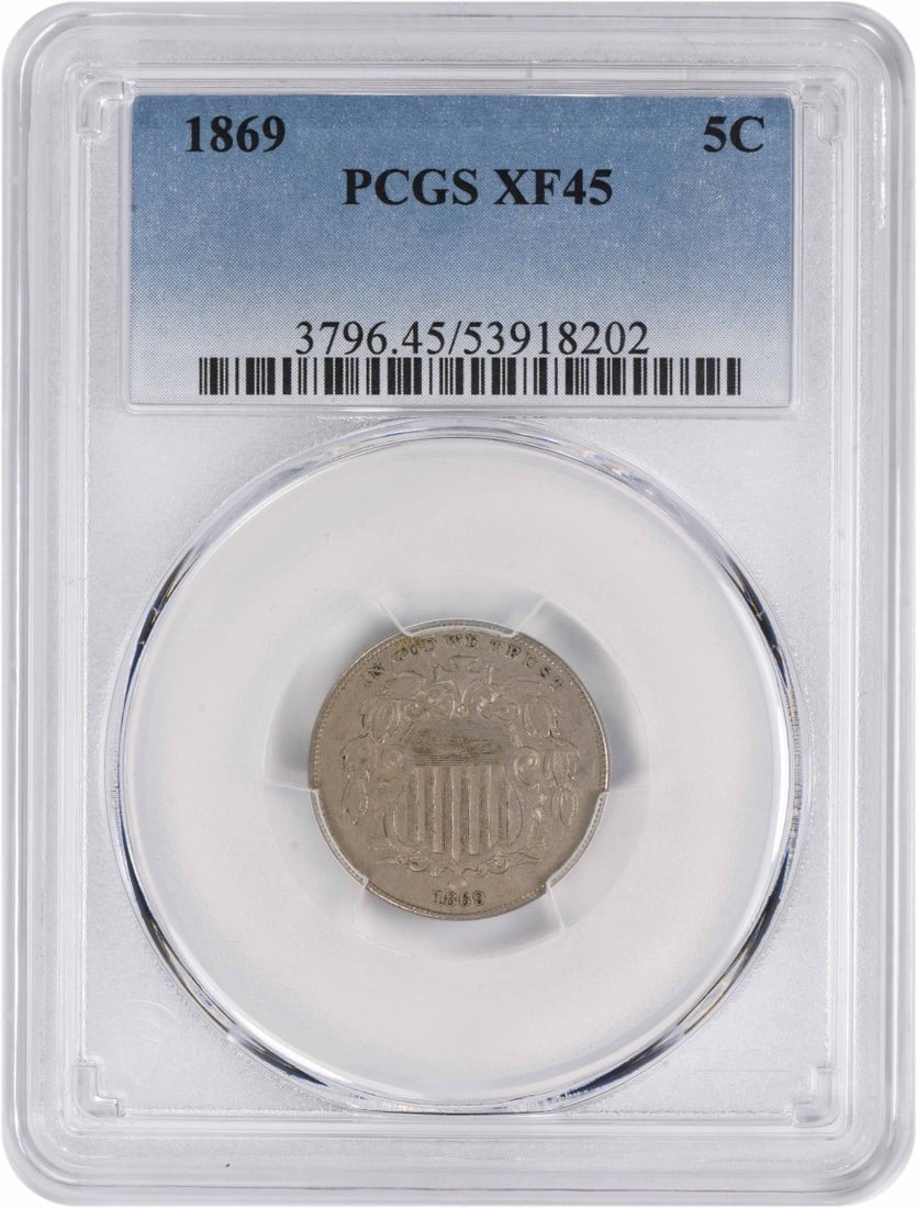 1869 Shield Nickel EF45 PCGS Certified Philadelphia Mint: 1869 Shield Nickel EF45 PCGS Certified Philadelphia Mint This 1869 Shield Nickel is an exceptional coin certified by PCGS with an EF45 grade, showcasing its well-preserved condition. Minted in Philade