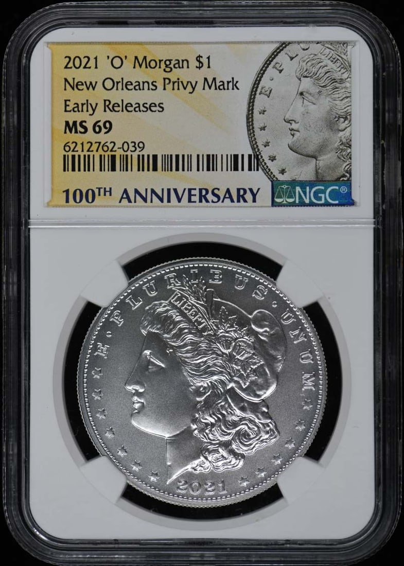 2021 NGC MS69 Morgan Dollar New Orleans Privy Mark Coin: 2021 NGC MS69 Morgan Dollar New Orleans Privy Mark Coin This 2021 'O' Morgan New Orleans Privy Mark Early Release $1 coin is a remarkable addition for collectors. Graded MS69 by NGC, this uncirculated