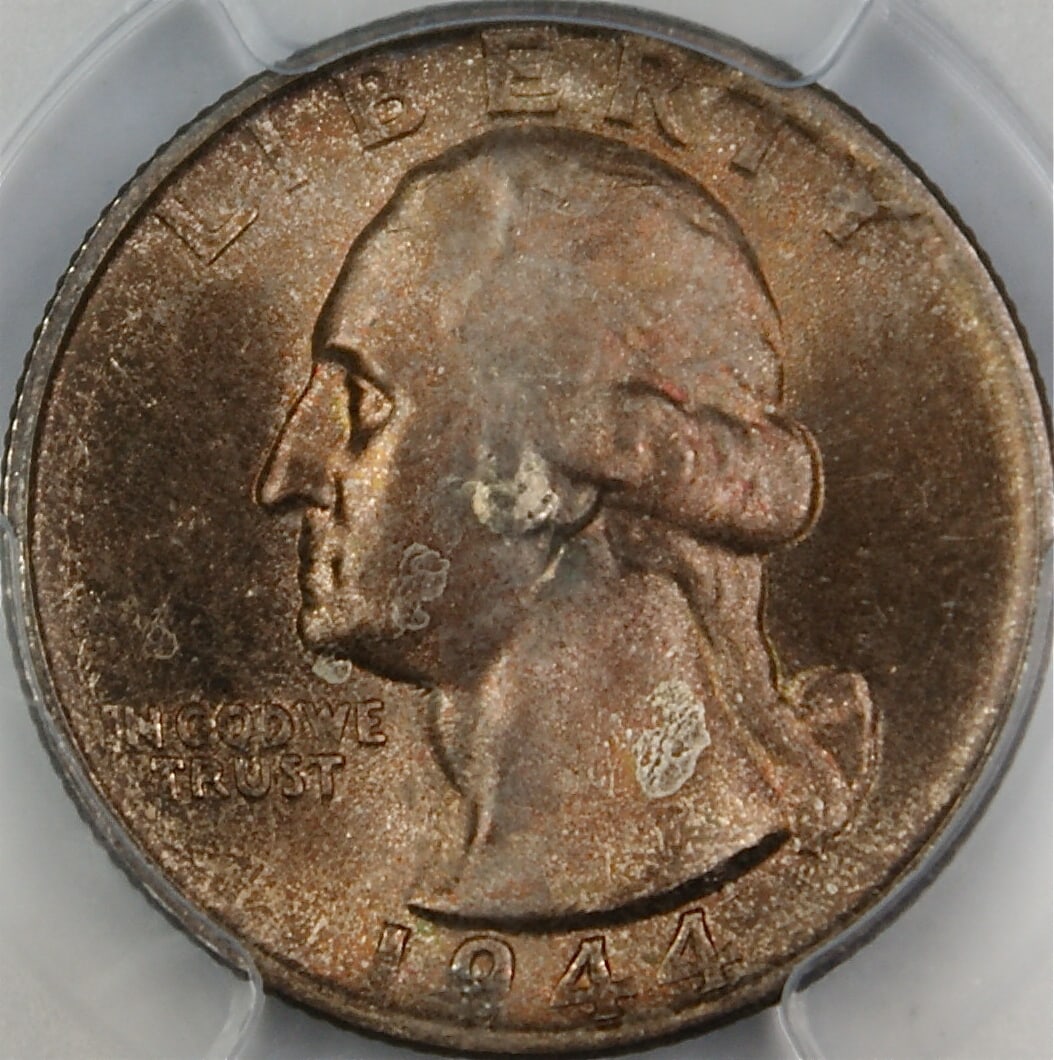 PCGS MS-64 1944-S San Francisco Silver Washington Quarter with Attractive Toning: PCGS MS-64 1944-S San Francisco Silver Washington Quarter with Attractive Toning This 1944-S Silver Washington Quarter Coin is graded MS-64 by PCGS and features beautiful toning. Minted in San Francis