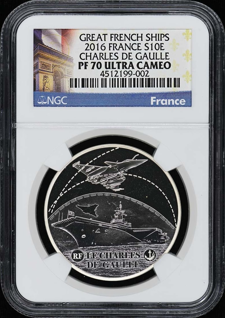 2016 France Charles de Gaulle S10E NGC PR70 DCAM Coin: 2016 France Charles de Gaulle S10E NGC PR70 DCAM Coin This stunning 2016 France Charles de Gaulle coin is graded PR70 by NGC, indicating its perfect condition and striking details. It is certified as