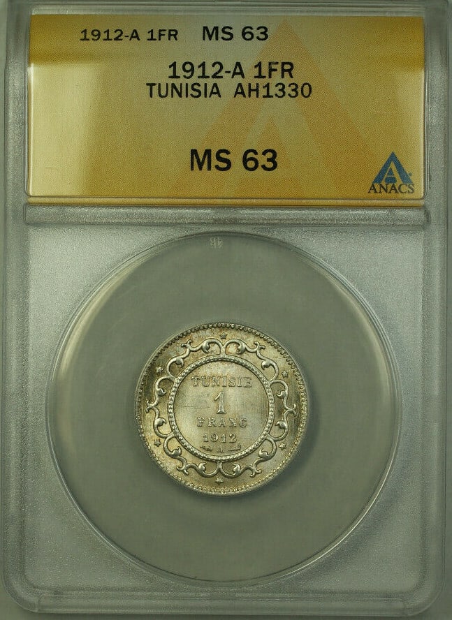 Tunisia 1912-A 1 Franc ANACS MS 63 Certified KM238 Coin (1 of 2)