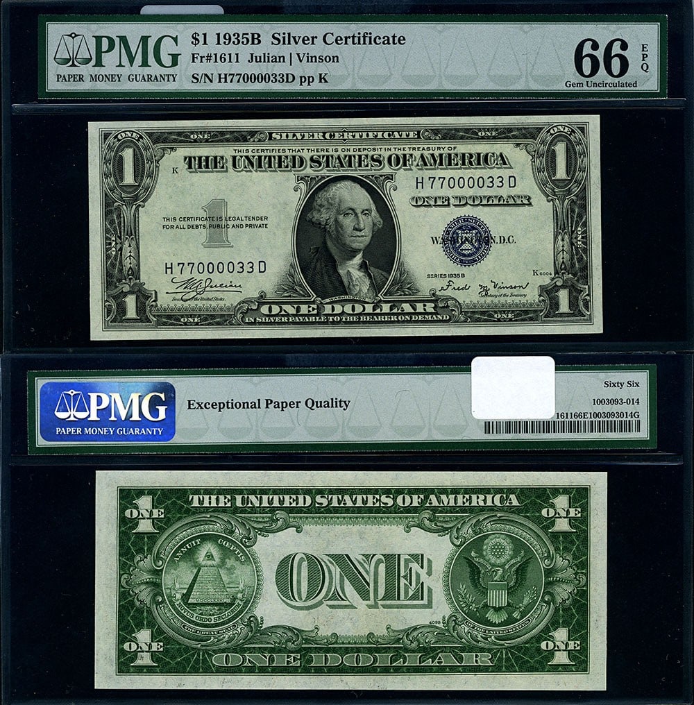 1935-B $1 Silver Certificate FR. 1611 PMG Gem CU66 EPQ: 1935-B $1 Silver Certificate FR. 1611 PMG Gem CU66 EPQ This 1935-B $1 Silver Certificate (FR. 1611) features exceptional paper quality with nice embossing and bright, bold colors that enhance its fant