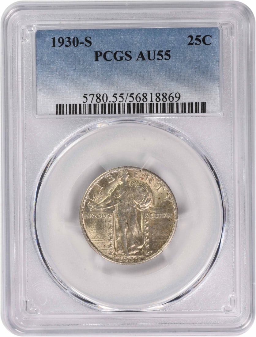 San Francisco 1930 Standing Liberty Quarter AU55 Graded by PCGS: San Francisco 1930 Standing Liberty Quarter AU55 Graded by PCGS This 1930-S Standing Liberty Quarter, graded AU55 by PCGS, features a composition of 90% silver and 10% copper. Minted in San Francisco