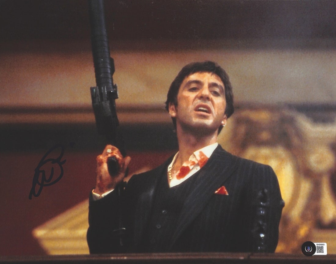 Al Pacino Signed 11x14 Scarface Photo Beckett Certified: Al Pacino Signed 11x14 Scarface Photo Beckett Certified This stunning 11x14 photograph captures Al Pacino in his iconic role as Tony Montana from the legendary film "Scarface." The photo features a bo