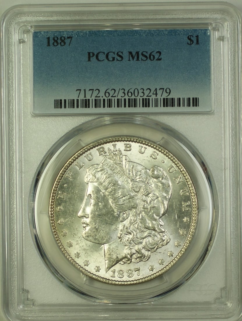 PCGS MS-62 1887 Morgan Dollar Silver Coin Philadelphia Mint: PCGS MS-62 1887 Morgan Dollar Silver Coin Philadelphia Mint This is an 1887 Morgan Silver Dollar with a $1 denomination, certified by PCGS and graded MS-62. The coin was minted in Philadelphia, is com