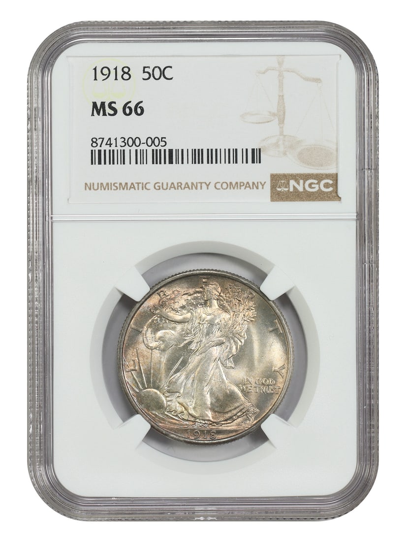 NGC MS66 1918 Walking Liberty Half Dollar Philadelphia 50C: NGC MS66 1918 Walking Liberty Half Dollar Philadelphia 50C This 1918 Walking Liberty Half Dollar is an uncirculated coin, certified by NGC with a grade of MS66. Struck in Philadelphia, it features dee